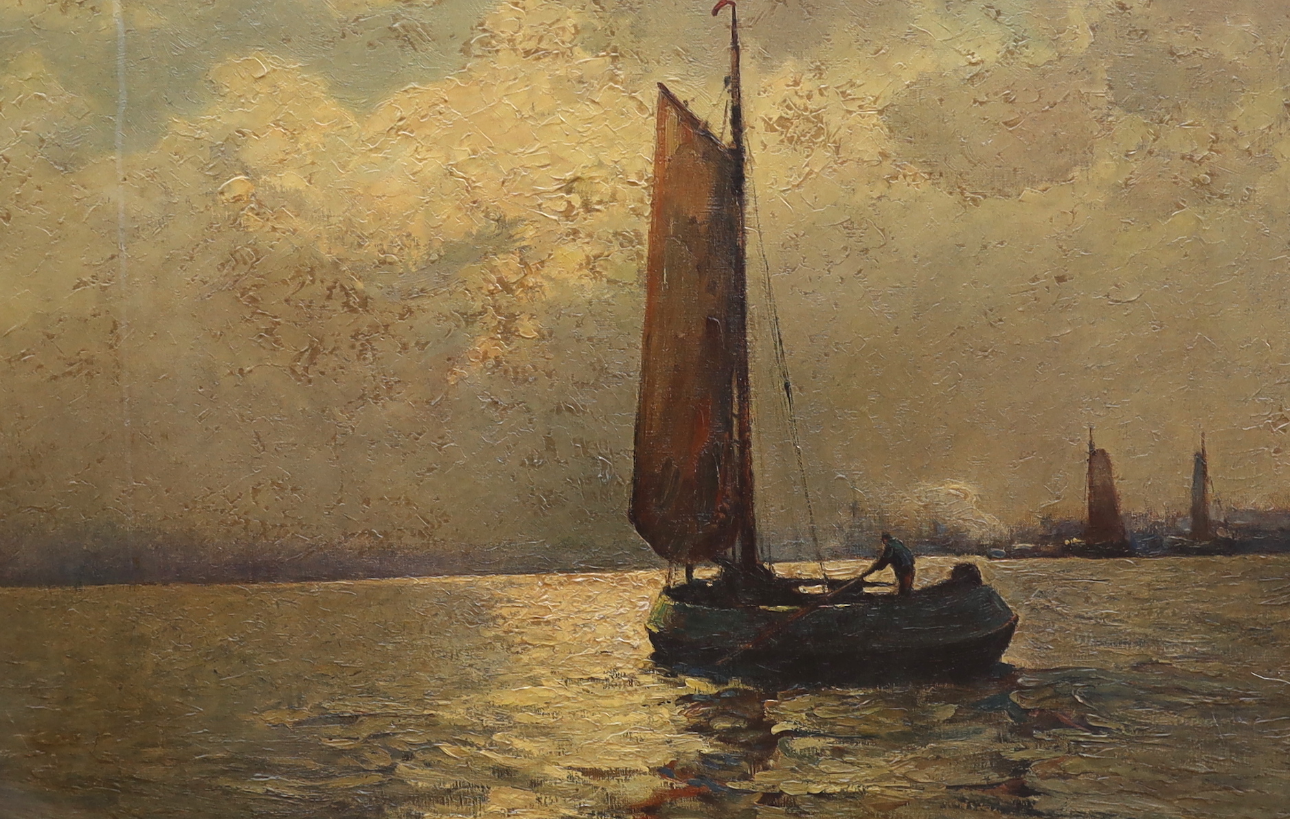 Continental School, impressionist oil on canvas, Fishing boat at sea, indistinctly signed, 60 x 90cm